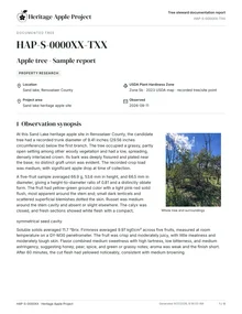 First page of the sample apple observation report, showing the tree summary and a field photograph