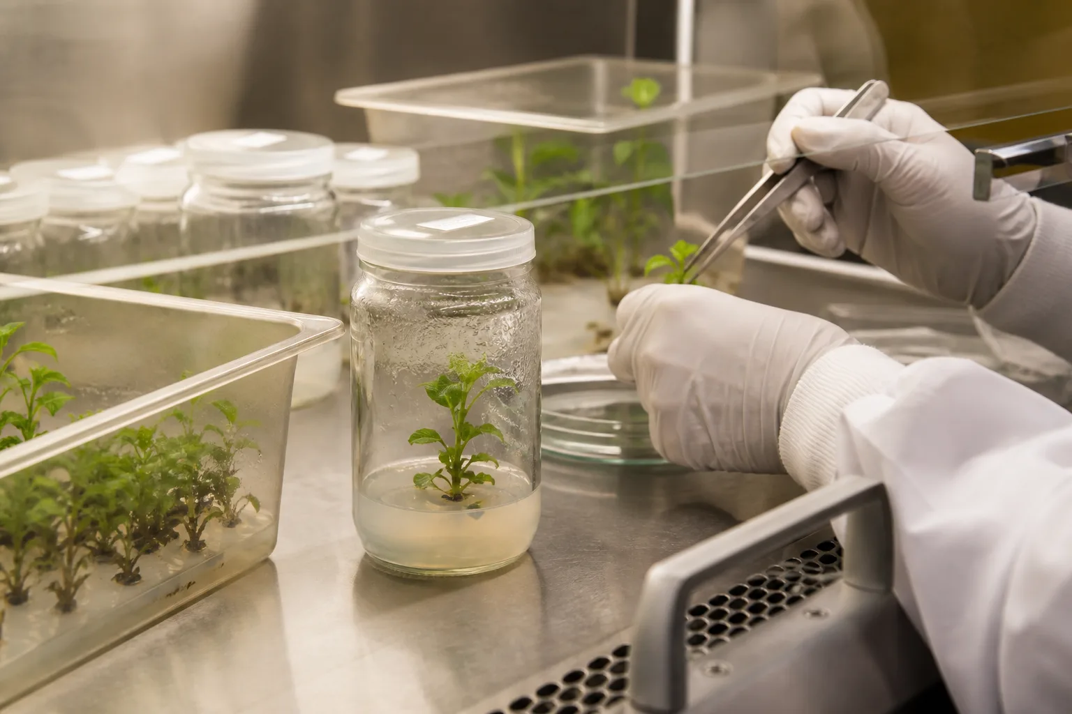 Apple shoots growing in sterile tissue culture vessels inside a plant propagation laboratory
