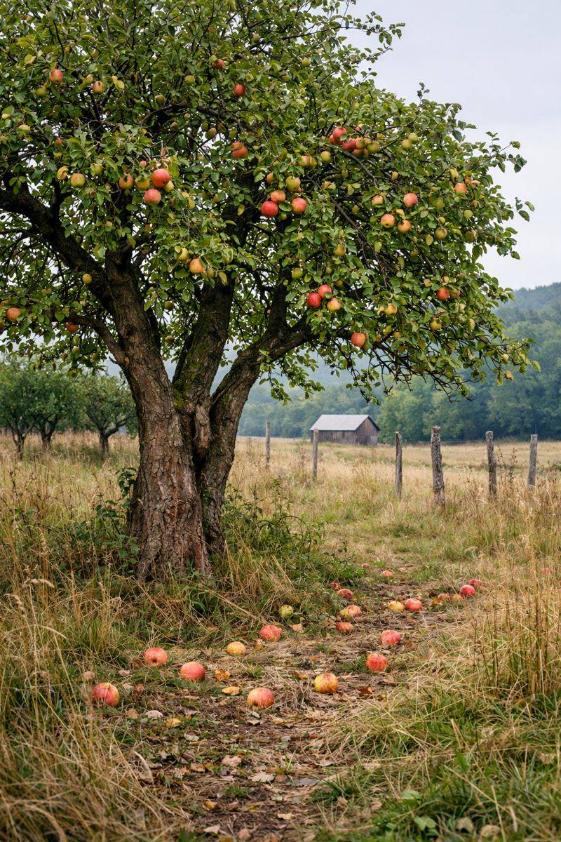 An old apple tree heavy with red and gold fruit beside a path leading toward a distant farmstead